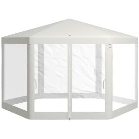 13' x 11' Sun Shelter, Hexagon with Mesh Screen Walls, Cream White for Outdoor Parties