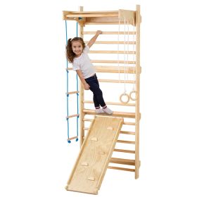 Swedish Ladder Wall Gym, 5 in 1 Wooden Indoor Playground Climbing Toys, 220 lbs Load Capacity Swedish Wall Ladder with Pull-Up Bar, Gymnastic Rin