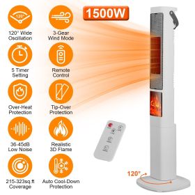 1500W Oscillating Ceramic Tower Space Heater with 3D Flame Portable Electric Heater with 3 Wind Modes Remote Control 5 Timer Overheat Tip-Over Pr