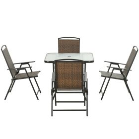 5 Pieces Patio Table and Chairs, Foldable Wicker Outdoor Dining Table Set with Umbrella Hole, Dark Brown (Option: Brown-1165x170x895 mm)