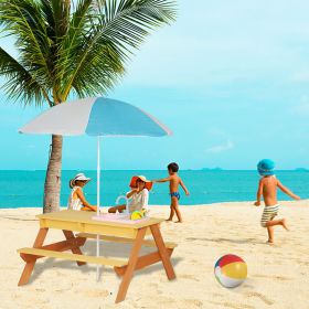 3-in-1 Sand & Water Table, Wood Outdoor Convertible Picnic Table w/Umbrella, 2 Trays, Removable Top (Color: Reddish Brown)