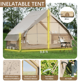 Inflatable Tent With Pump,Glamping Tents For 4-6 Person, Easy Setup 4 Season Waterproof Outdoor Tent (Color: Khaki)