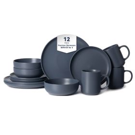 12-Piece Stoneware Dinnerware Sets with Mugs | Microwave & Dishwasher Safe | Non-Toxic Dinner Plates Bowls Set | Stackable Matte Glaze Kitchenwar (Main Color: Blue, Main Material: Stone)
